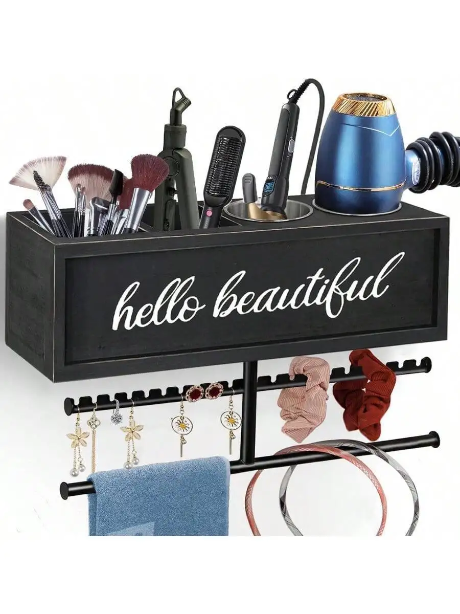 Rustic Wall Mounted Hair Styling Organizer With Holder For Dryer Flat Iron Brushes Towel And Accessories
Rustic Wall Mounted Hair Styling Organizer With Holder For Dryer Flat Iron Brushes Towel And Accessories