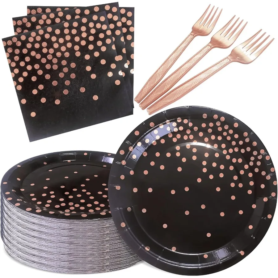 Принадлежности для вечеринок из черного и розового золота для сервировки 35 гостей: 7-дюймовый набор бумажных тарелок и салфеток, идеально подходящий для свадьбы, дня рождения. 
Принадлежности для вечеринок из черного и розового золота для сервировки 35 гостей: 7-дюймовый набор бумажных тарелок и салфеток, идеально подходящий для свадьбы, дня рождения.