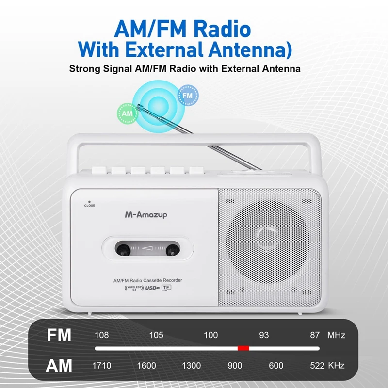 Portable Retro Cassette Recorder Player AM/FM Radio Stereo Casette Tape Player Recorder with Antenna,White,(US)-A31R
Portable Retro Cassette Recorder Player AM/FM Radio Stereo Casette Tape Player Recorder with Antenna,White,(US)-A31R