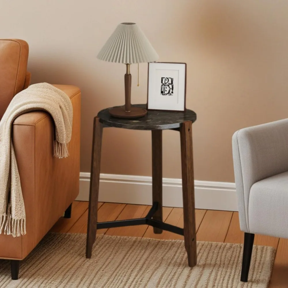 Round Accent Table with Solid Wood Leg, Black Marble-Look Tabletop, and Metal Frame
Round Accent Table with Solid Wood Leg, Black Marble-Look Tabletop, and Metal Frame