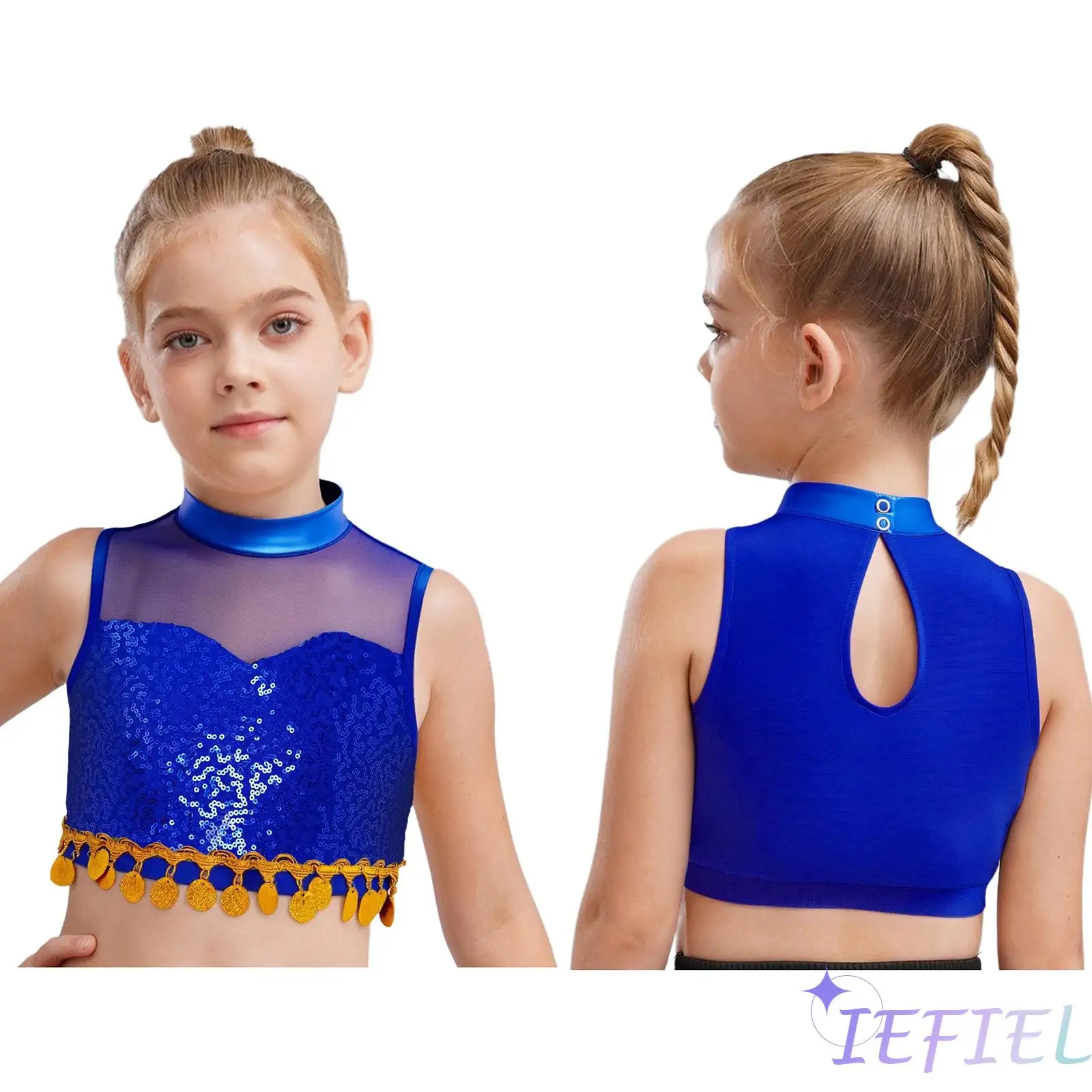 Girls Jazz Dance Costume Mock Neck Sleeveless Keyhole Back Sheer Mesh Patchwork Shiny Sequin Belly Dance Crop Top
Girls Jazz Dance Costume Mock Neck Sleeveless Keyhole Back Sheer Mesh Patchwork Shiny Sequin Belly Dance Crop Top