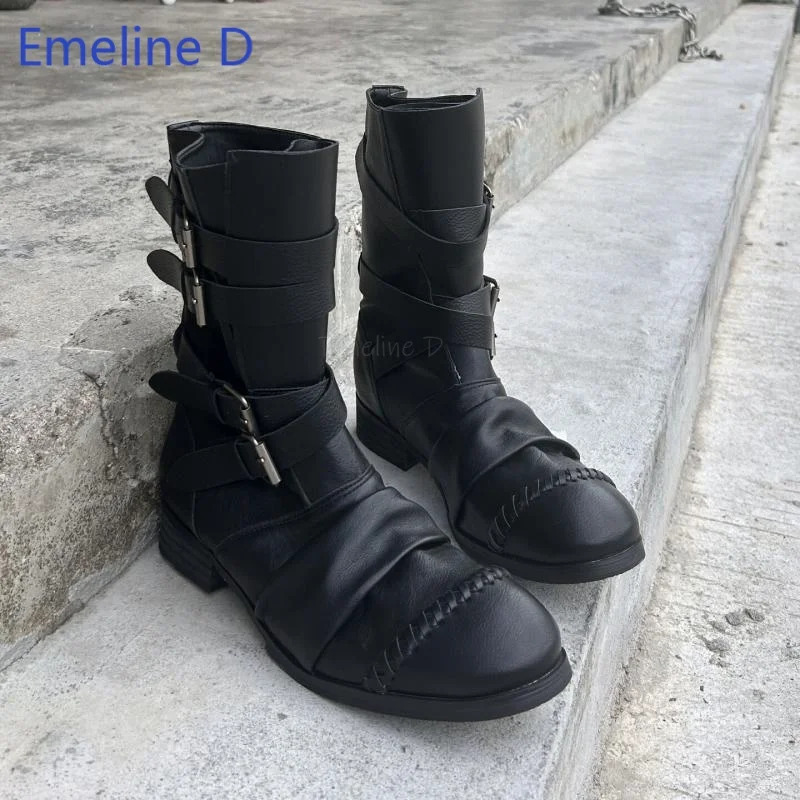 Trending Unisex Black Leather Mid Calf Boots Metal Buckle Bands Hand Woven Toe Flat Block Heel Side Zipper Punk Street Footwear
Trending Unisex Black Leather Mid Calf Boots Metal Buckle Bands Hand Woven Toe Flat Block Heel Side Zipper Punk Street Footwear