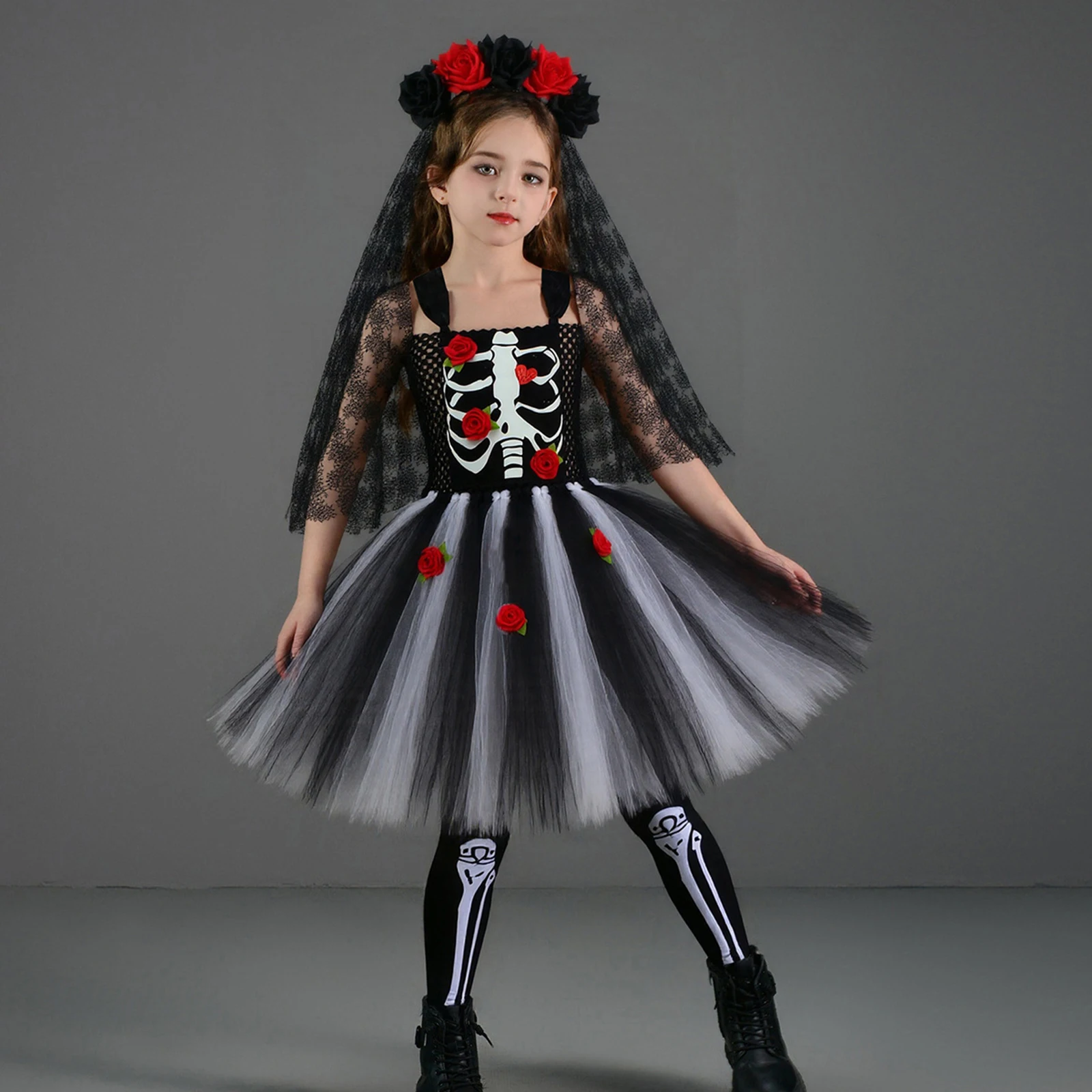 Kids Halloween Zombie Bridal Costume Spooky Skeleton 3D Rose Mesh Dress Veil and Sockings 3 Pcs Set
Kids Halloween Zombie Bridal Costume Spooky Skeleton 3D Rose Mesh Dress Veil and Sockings 3 Pcs Set