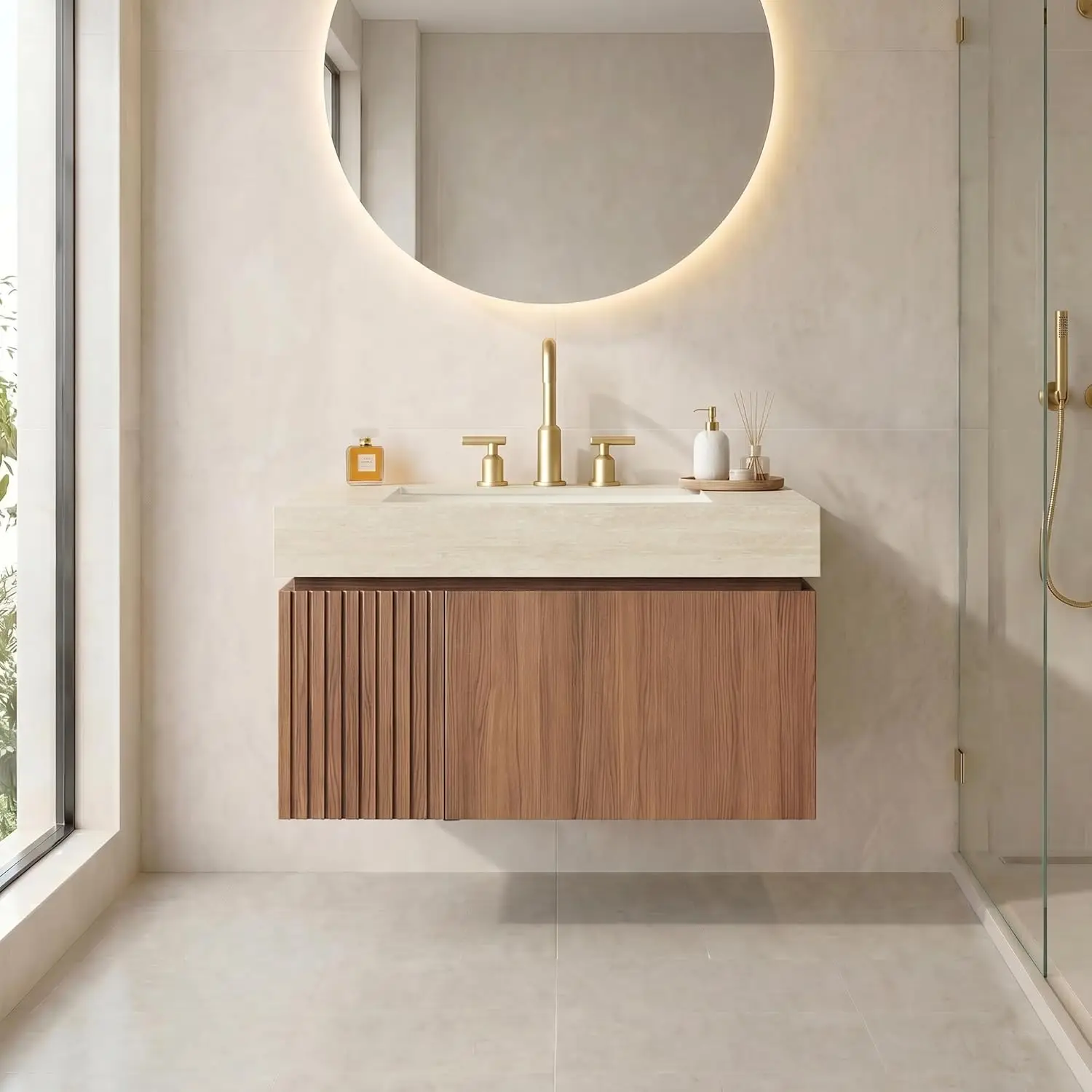30" Wall-Mounted Bathroom Vanity Sink Travertine Top Undermount Basin Soft-Close Drawer Door Brown Oak Customized
30" Wall-Mounted Bathroom Vanity Sink Travertine Top Undermount Basin Soft-Close Drawer Door Brown Oak Customized