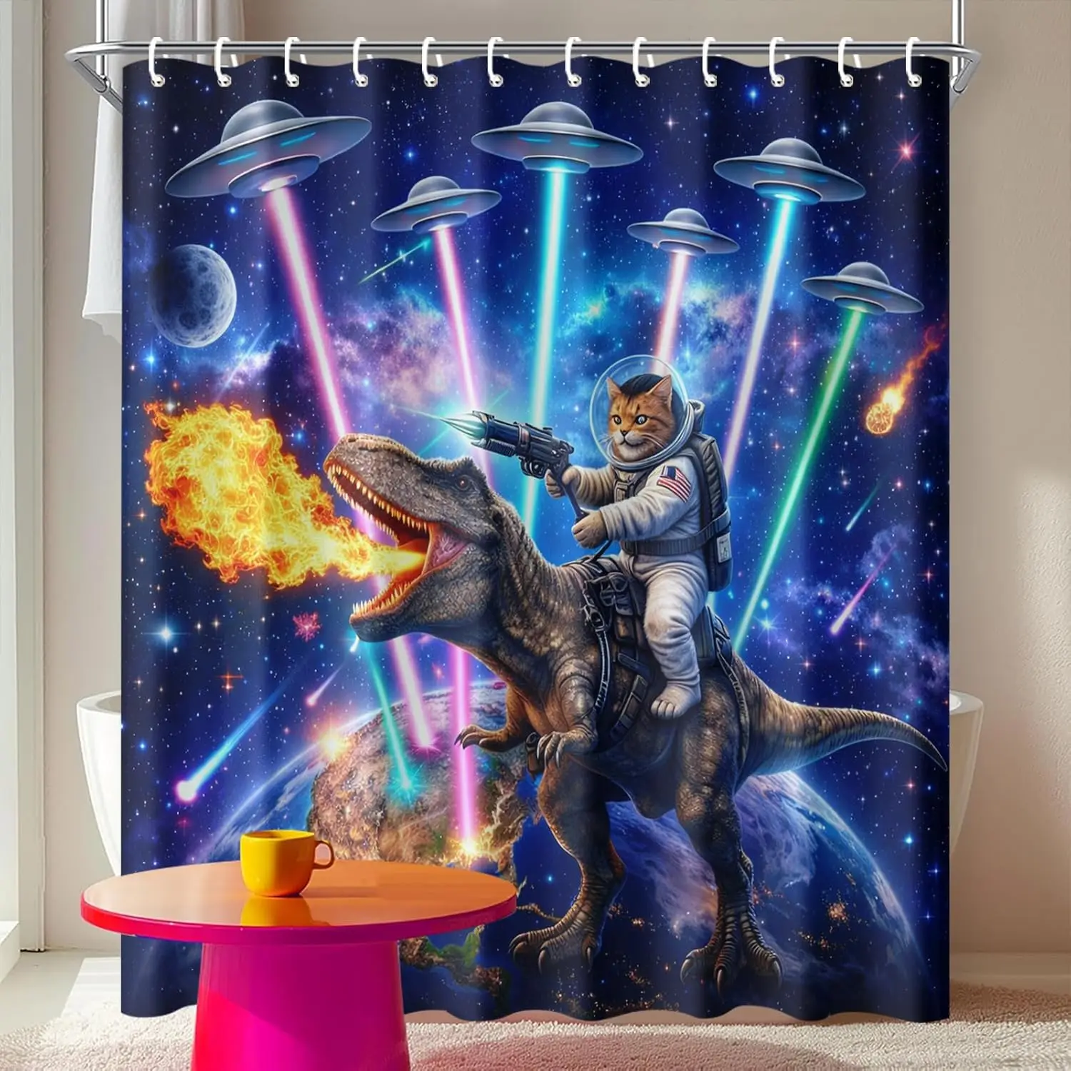 Space Cat and Dinosaur Shower Curtain with Hooks UFOs Laser Beams Fire Breathing T-Rex Design Fabric Bathroom Decor for Bathtub
Space Cat and Dinosaur Shower Curtain with Hooks UFOs Laser Beams Fire Breathing T-Rex Design Fabric Bathroom Decor for Bathtub