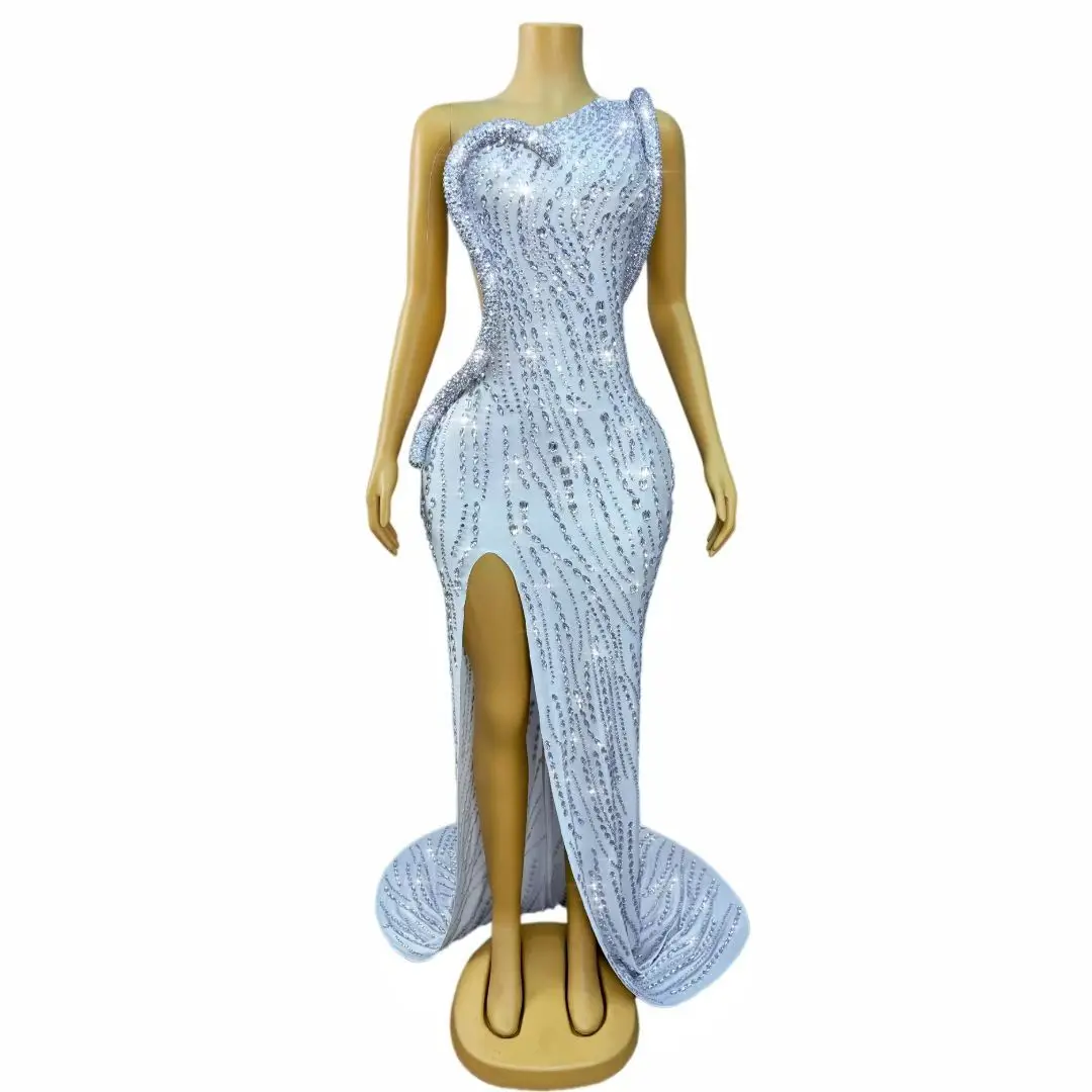 Siluo Elegant One Shoulder Silver Rhinestone Bodycon Maxi Dress With High Slit Formal Evening Prom Party Gown for Women
Siluo Elegant One Shoulder Silver Rhinestone Bodycon Maxi Dress With High Slit Formal Evening Prom Party Gown for Women