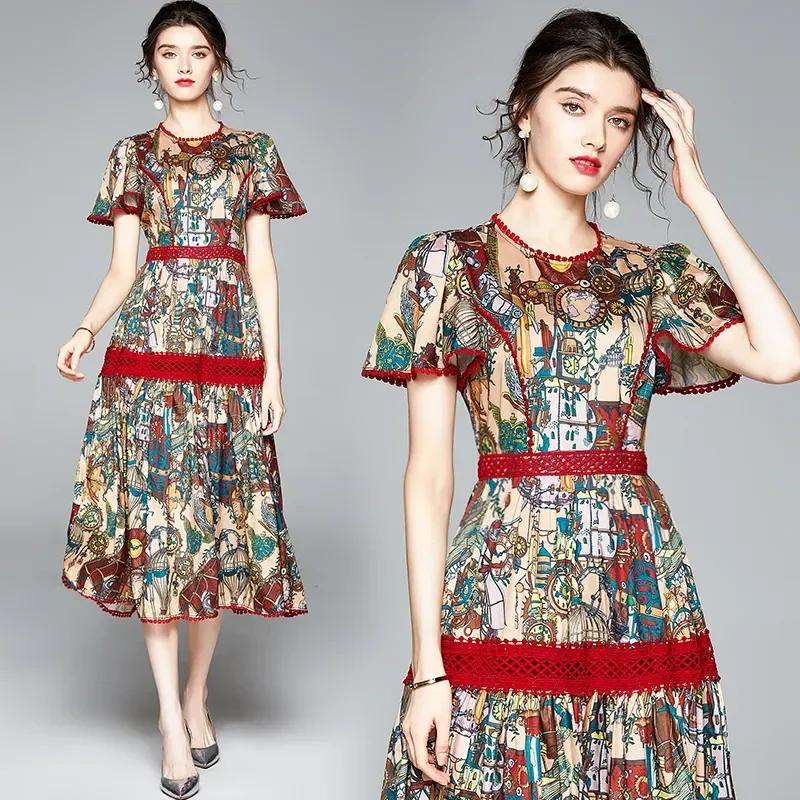 New Flower Print Patchwork Lace Hollow Out Party Dress Women's Short Butterfly Sleeve Slim Waist Elegant Mid Long Vestidos
New Flower Print Patchwork Lace Hollow Out Party Dress Women's Short Butterfly Sleeve Slim Waist Elegant Mid Long Vestidos