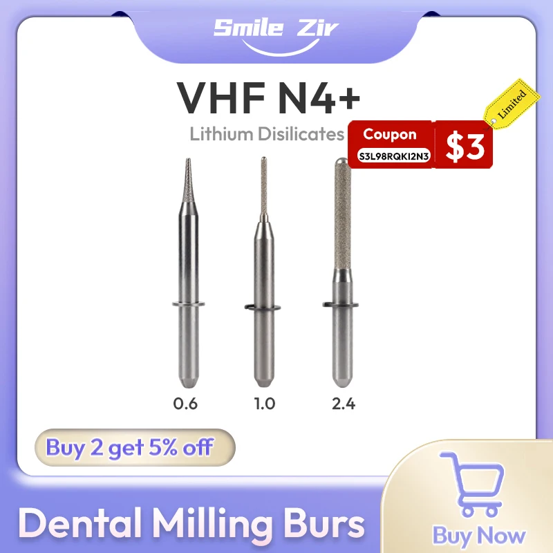 VHF N4+ Dental Milling Burs for Glass Ceramic Lithium Disilicates D3 Cutters 0.6/1.0/2.4 Dental Lab CAD CAM Grinding Drills
VHF N4+ Dental Milling Burs for Glass Ceramic Lithium Disilicates D3 Cutters 0.6/1.0/2.4 Dental Lab CAD CAM Grinding Drills