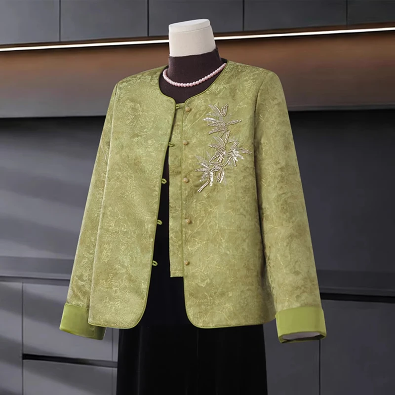 2026 Spring Fall Women Vintage Chinese Style Embroidery Sequined Flower Green Coat , Woman Casual Yellow Dobby Floral Tang Coats
2026 Spring Fall Women Vintage Chinese Style Embroidery Sequined Flower Green Coat , Woman Casual Yellow Dobby Floral Tang Coats