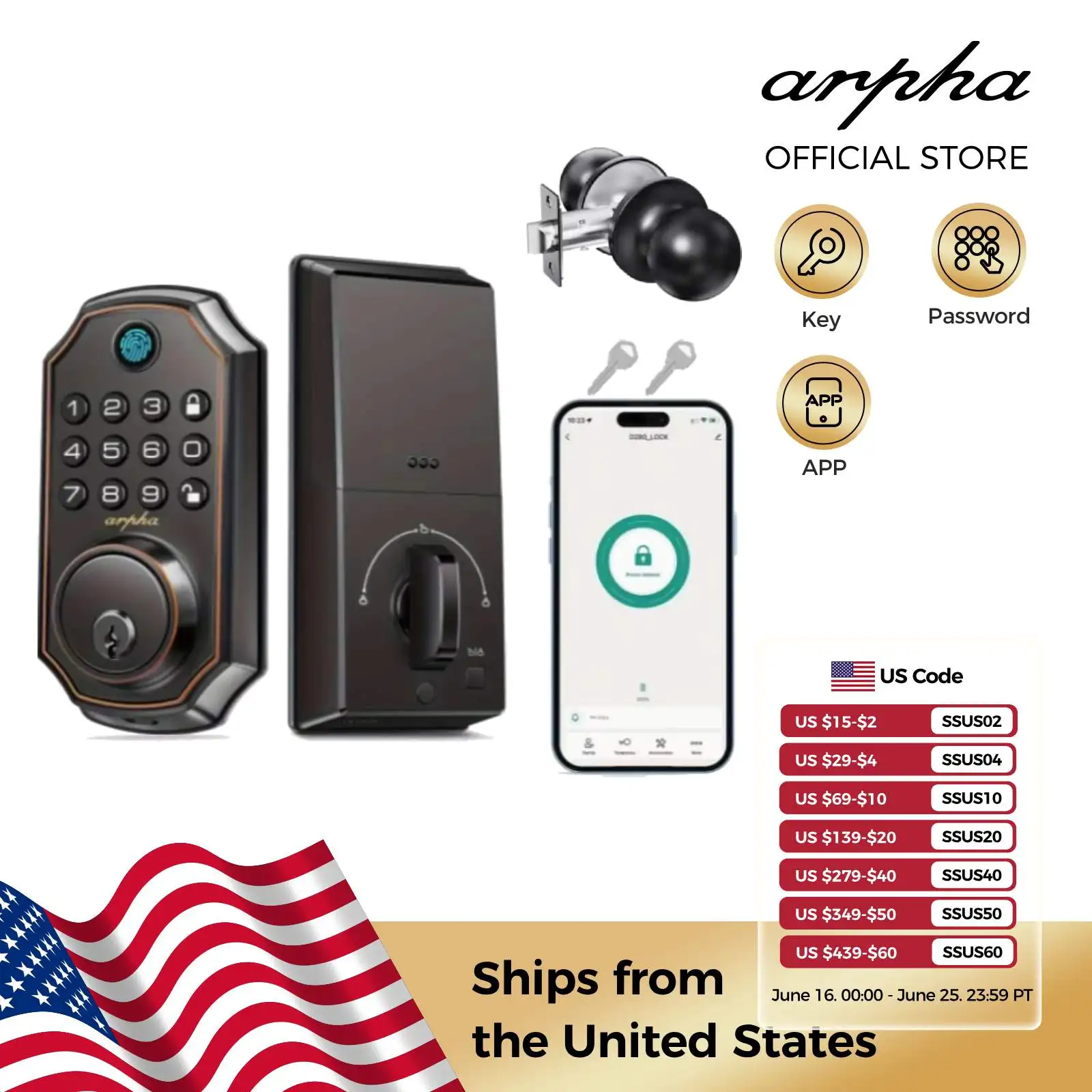 Arpha Smart Door Lock Bluetooth Door Lock 5-in-1 Keyless Entry Lock Fingerprint Electronic Deadbolt w/ Handle Set Home Security
Arpha Smart Door Lock Bluetooth Door Lock 5-in-1 Keyless Entry Lock Fingerprint Electronic Deadbolt w/ Handle Set Home Security