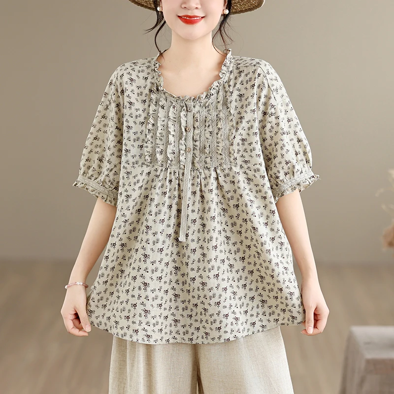Cute Floral Print Loose Shirt Casual Style Japanese Doll Shirt Sweet Artistic Cotton Linen Fabric Short Sleeve round Neck
Cute Floral Print Loose Shirt Casual Style Japanese Doll Shirt Sweet Artistic Cotton Linen Fabric Short Sleeve round Neck