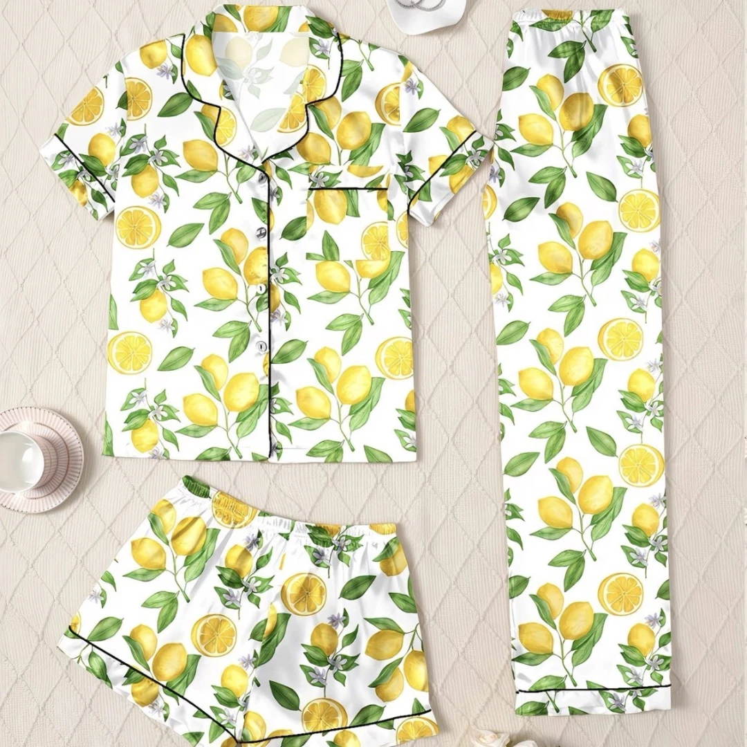 Женский пижамный комплект с лимонным принтом, желтый, с отложным воротником, короткими рукавами, короткими и длинными брюками, домашняя одежда, комплект для отдыха, пасхальный подарок
Женский пижамный комплект с лимонным принтом, желтый, с отложным воротником, короткими рукавами, короткими и длинными брюками, домашняя одежда, комплект для отдыха, пасхальный подарок
