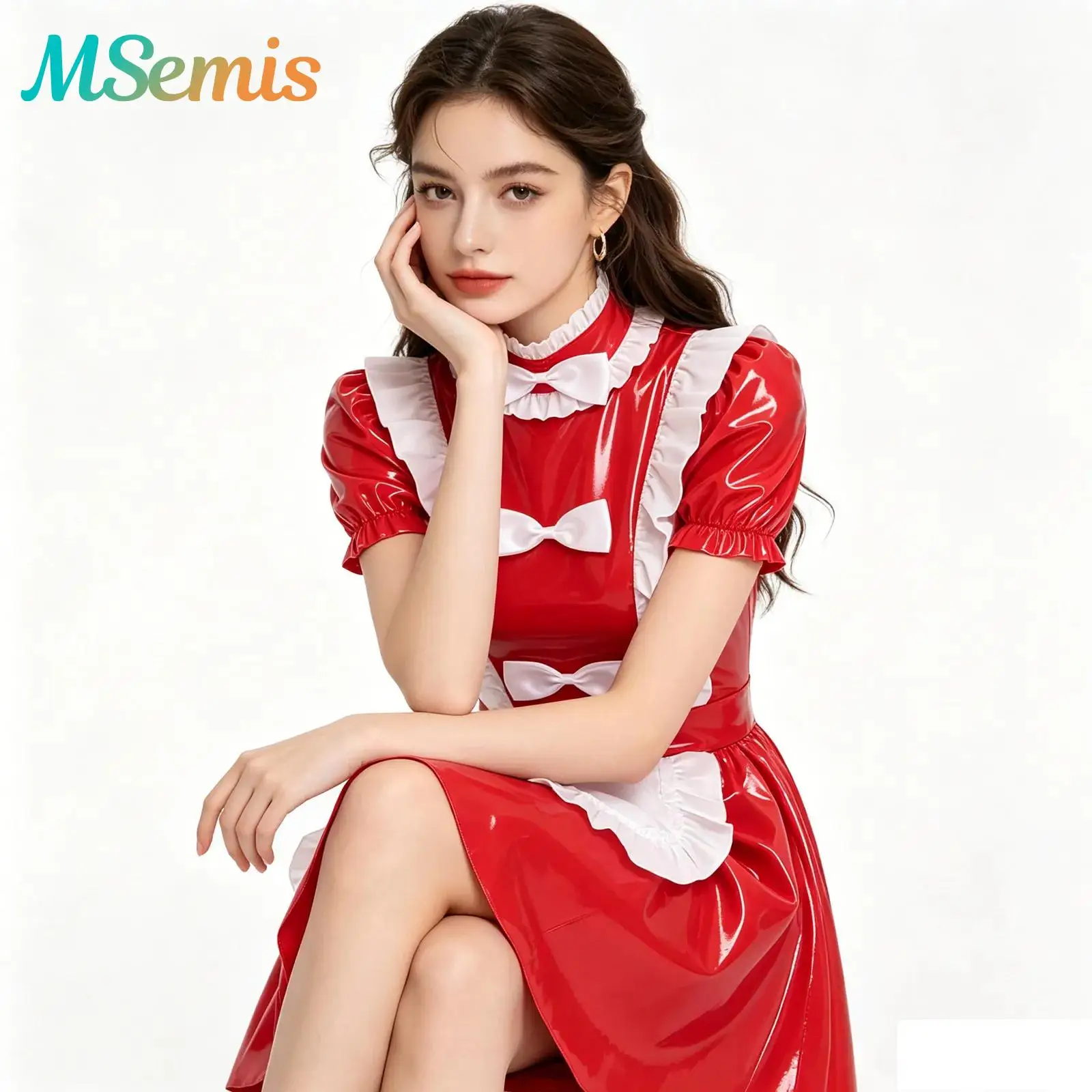 Womens Glossy Patent Leather Maid Dress Lolita Naughty Maid Cosplay Costume Ruffles Trims Bow Apron Puff Sleeve A-Line Dress
Womens Glossy Patent Leather Maid Dress Lolita Naughty Maid Cosplay Costume Ruffles Trims Bow Apron Puff Sleeve A-Line Dress