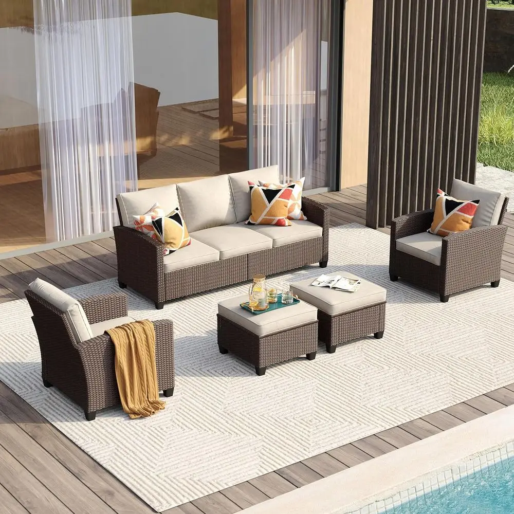 3-Piece Rattan Outdoor Furniture Set with Ottomans, Cushioned Sectional Sofa and Single Chairs for Patio, Deck, or Garden in Bro
3-Piece Rattan Outdoor Furniture Set with Ottomans, Cushioned Sectional Sofa and Single Chairs for Patio, Deck, or Garden in Bro