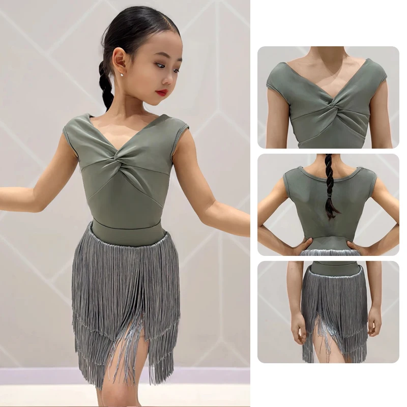 Latin Dance Dress Girls Gray V-Neck Bodysuit Fringe Skirts Kids Professional Dancing Suit Rumba Samba Practice Dancewear AMY1932
Latin Dance Dress Girls Gray V-Neck Bodysuit Fringe Skirts Kids Professional Dancing Suit Rumba Samba Practice Dancewear AMY1932