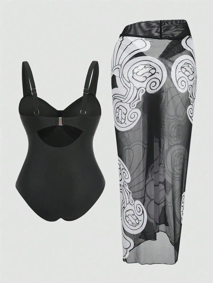 Plus Size Padded One-Piece Swimsuit With Sheer Printed Skirt Bohemian Beach Holiday Swimwear
Plus Size Padded One-Piece Swimsuit With Sheer Printed Skirt Bohemian Beach Holiday Swimwear