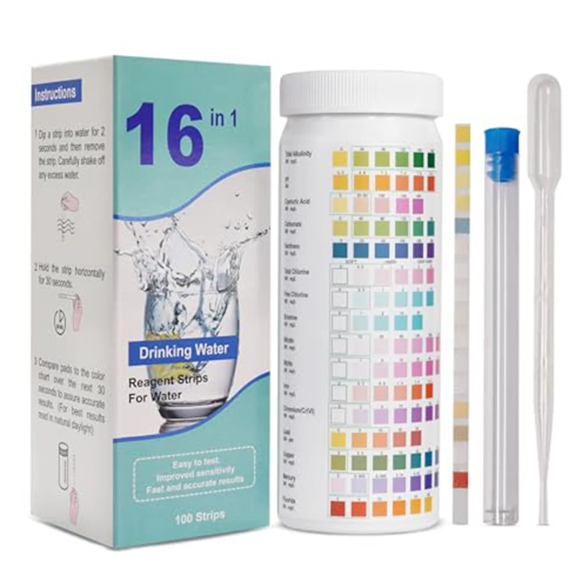 16-in-1 Water Test Strips, Drinking Water Test Kit, 100 Strips Home Water Quality Test Kit
16-in-1 Water Test Strips, Drinking Water Test Kit, 100 Strips Home Water Quality Test Kit