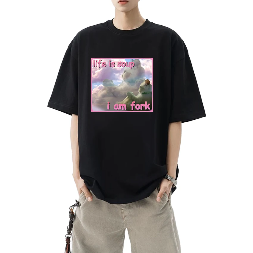 Funny Life Is Soup I Am Fork Cat Graphic printed short sleeve T-shirts Men Women harajuku Fashion Top Unisex 100% Cotton T shirt
Funny Life Is Soup I Am Fork Cat Graphic printed short sleeve T-shirts Men Women harajuku Fashion Top Unisex 100% Cotton T shirt