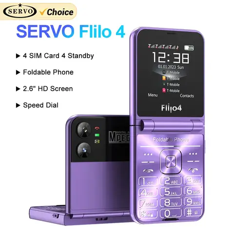 SERVO Flilo4 Flip teléfono móvil cuatro tarjetas SIM GSM red celular linterna velocidad Dial voz mágica teléfono móvil plegable precio bajo