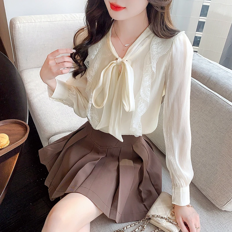 Lace Ruffle Trim Bow-Neck Shiny Chiffon Beige Shirts Blouses Women Spring Autumn Korean Style Elegant Fashion Long Sleeve Top
Lace Ruffle Trim Bow-Neck Shiny Chiffon Beige Shirts Blouses Women Spring Autumn Korean Style Elegant Fashion Long Sleeve Top