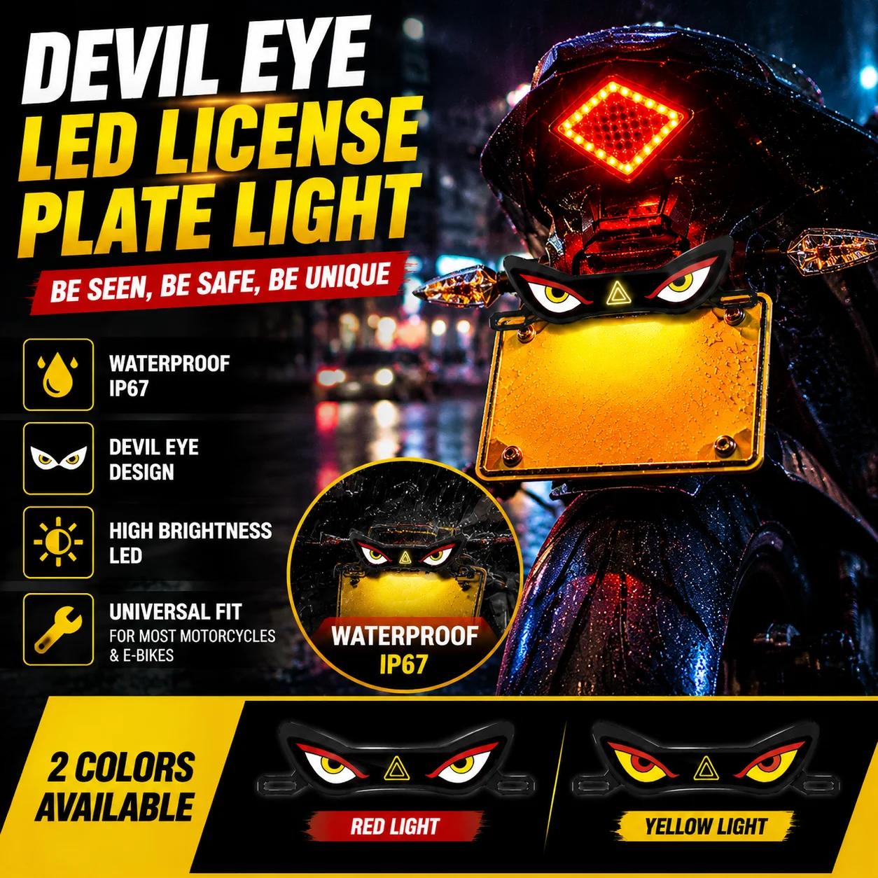 Devil Eyes LED License Plate Lamp Dustproof Waterproof High Visibility Rear Warning Light For Motorcycle Electric Scooter Decor
Devil Eyes LED License Plate Lamp Dustproof Waterproof High Visibility Rear Warning Light For Motorcycle Electric Scooter Decor