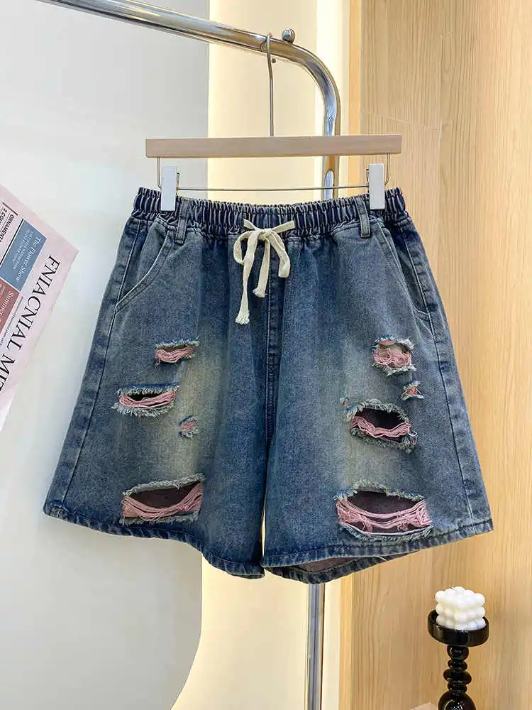 Oversized Fashion Hole Denim Short Women Summer New Elastic Waist Drawstring Contrast Color Shorts Versatile Knee Length Jeans
Oversized Fashion Hole Denim Short Women Summer New Elastic Waist Drawstring Contrast Color Shorts Versatile Knee Length Jeans
