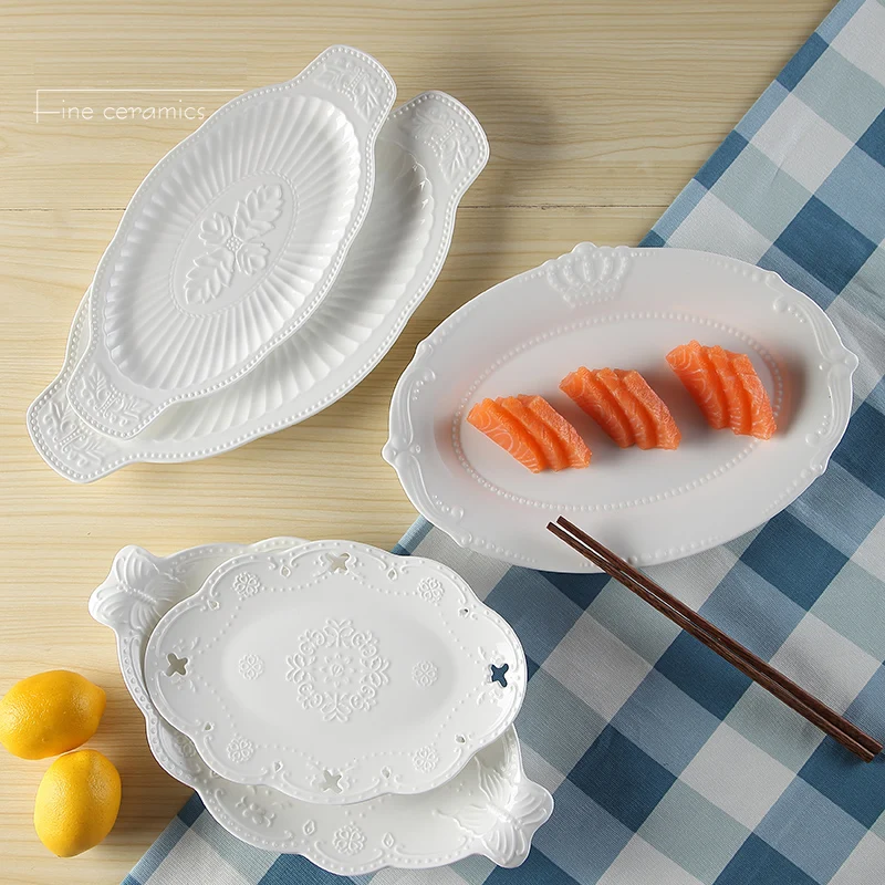 White Embossed Porcelain Oval Fish Plate, Ceramic Pasta Borden, Serving Tray, Plate Dessert Kitchen, Restaurant
White Embossed Porcelain Oval Fish Plate, Ceramic Pasta Borden, Serving Tray, Plate Dessert Kitchen, Restaurant