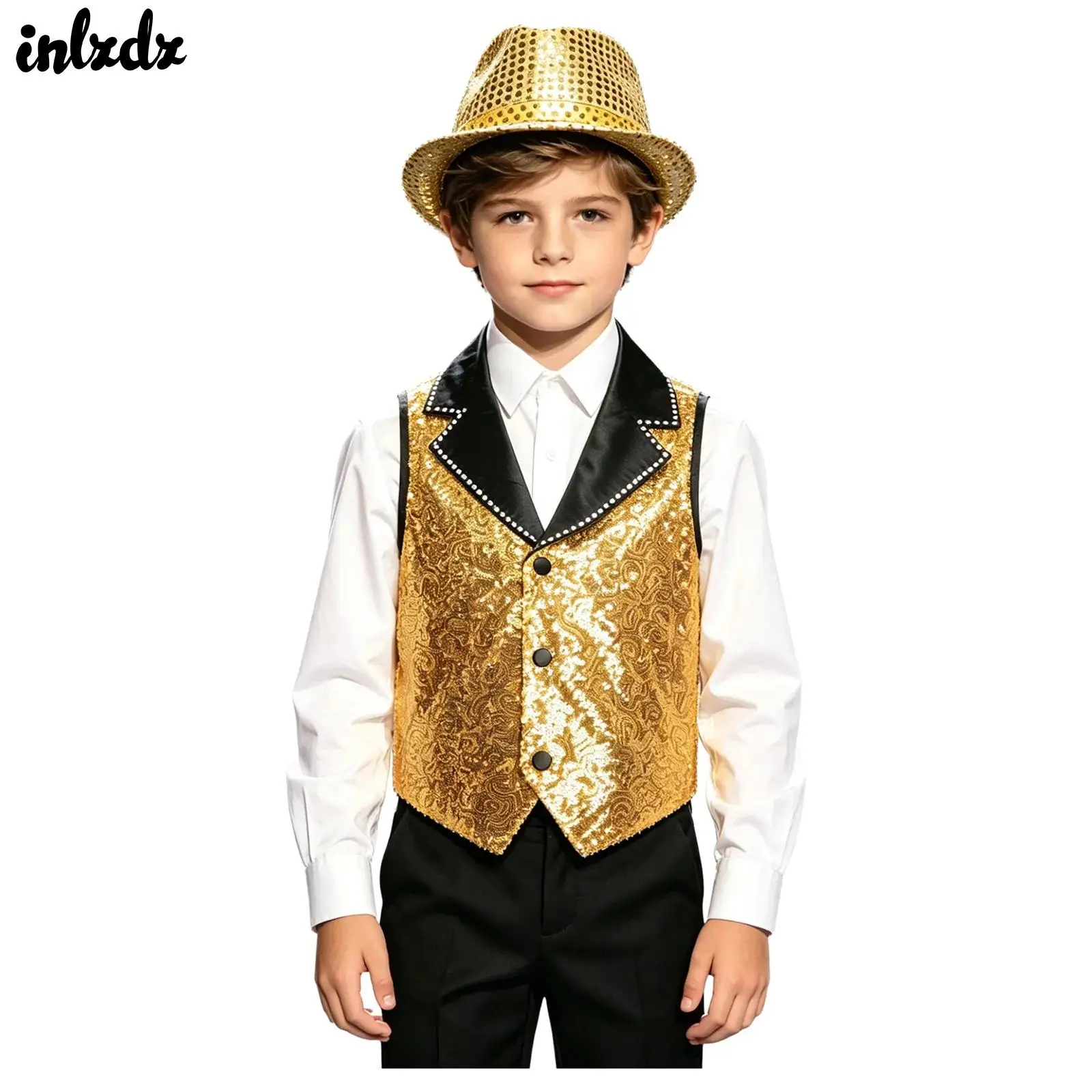 Kids Boys Sparkling Sequin Jazz Dance Vest with Hat Hip Hop Performance Costume Lapel Collar Asymmetrical Hem Disco Vest Tops
Kids Boys Sparkling Sequin Jazz Dance Vest with Hat Hip Hop Performance Costume Lapel Collar Asymmetrical Hem Disco Vest Tops