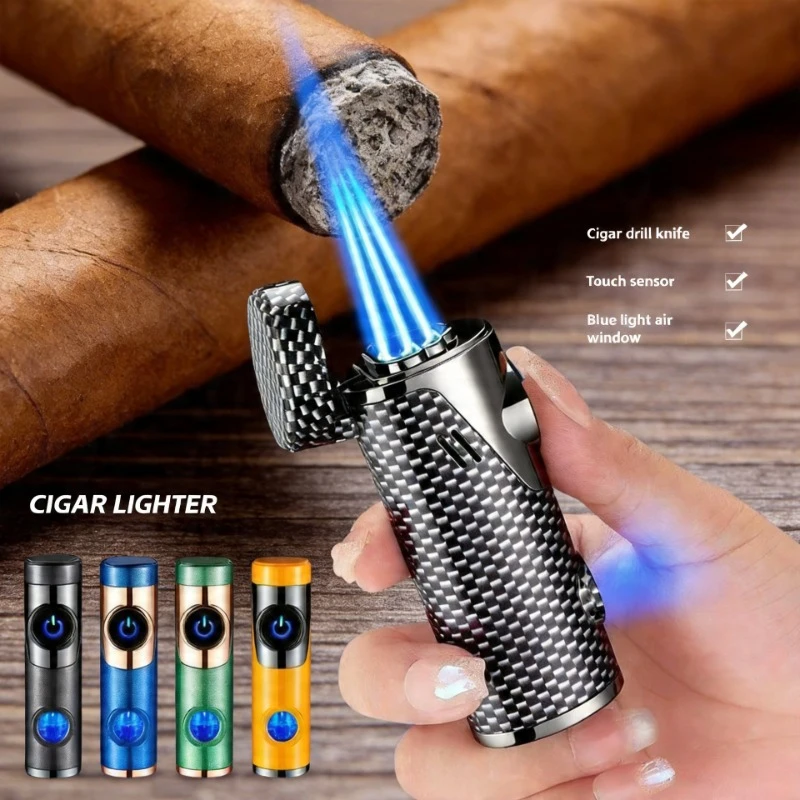 Creative Three Jet Windproof Blue Flame Butane Gas Torch Lighter Visible Gas Blue Light Window Portable Cigar Electric Lighters
Creative Three Jet Windproof Blue Flame Butane Gas Torch Lighter Visible Gas Blue Light Window Portable Cigar Electric Lighters
