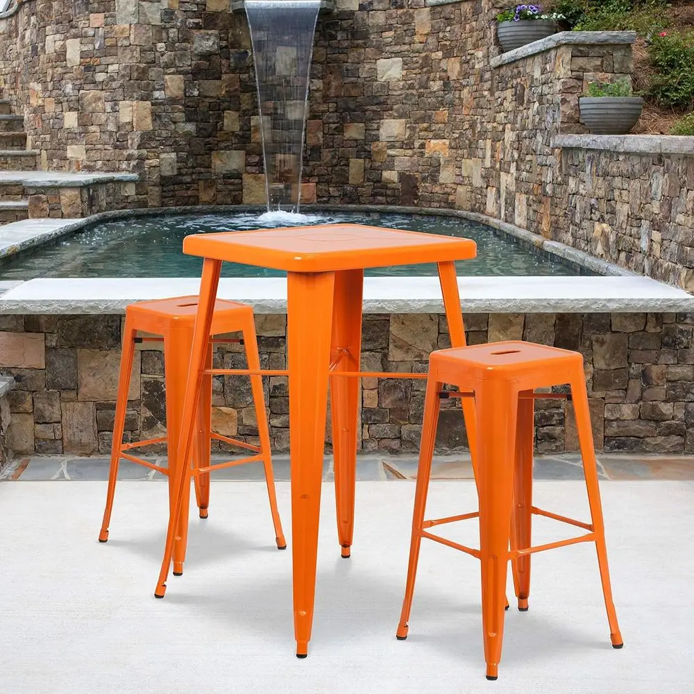 Orange Square Metal Bar Table Set with 2 Matching Backless Stools for Indoor & Outdoor Use
Orange Square Metal Bar Table Set with 2 Matching Backless Stools for Indoor & Outdoor Use