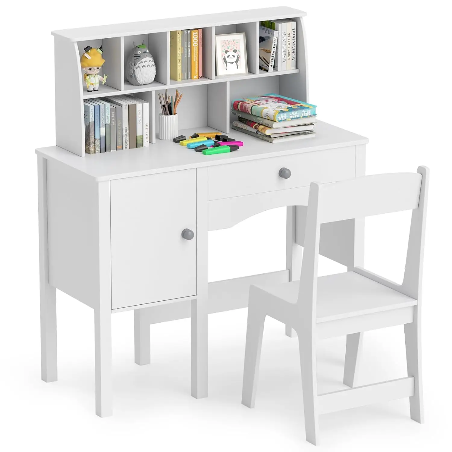Kids Desk and Chair Set, Wooden Children Study Desk w/Hutch, Large Cabinet and Drawer for Home School Writing, Reading & Drawing
Kids Desk and Chair Set, Wooden Children Study Desk w/Hutch, Large Cabinet and Drawer for Home School Writing, Reading & Drawing