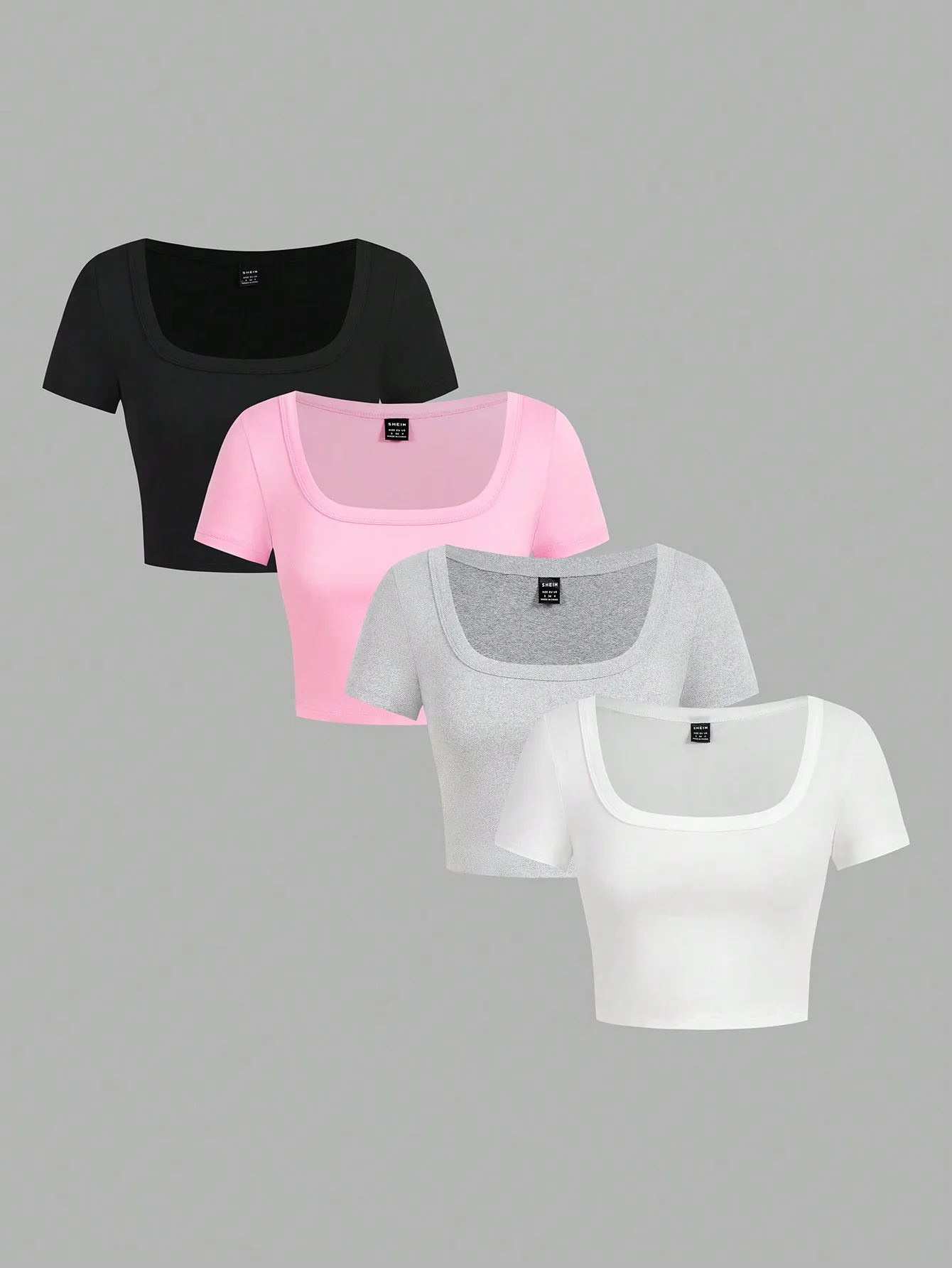 4 шт. женских укороченных футболок с квадратным вырезом и короткими рукавами в черном, розовом, сером, белом цветах - летняя повседневная одежда
4 шт. женских укороченных футболок с квадратным вырезом и короткими рукавами в черном, розовом, сером, белом цветах - летняя повседневная одежда