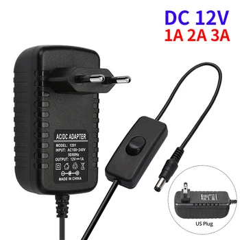 스위치 포함 전원 공급 어댑터, EU/US 플러그 충전기 컨버터, AC 100-240V to DC 12V, LED 조명 변압기 드라이버, 1A, 2A, 3A