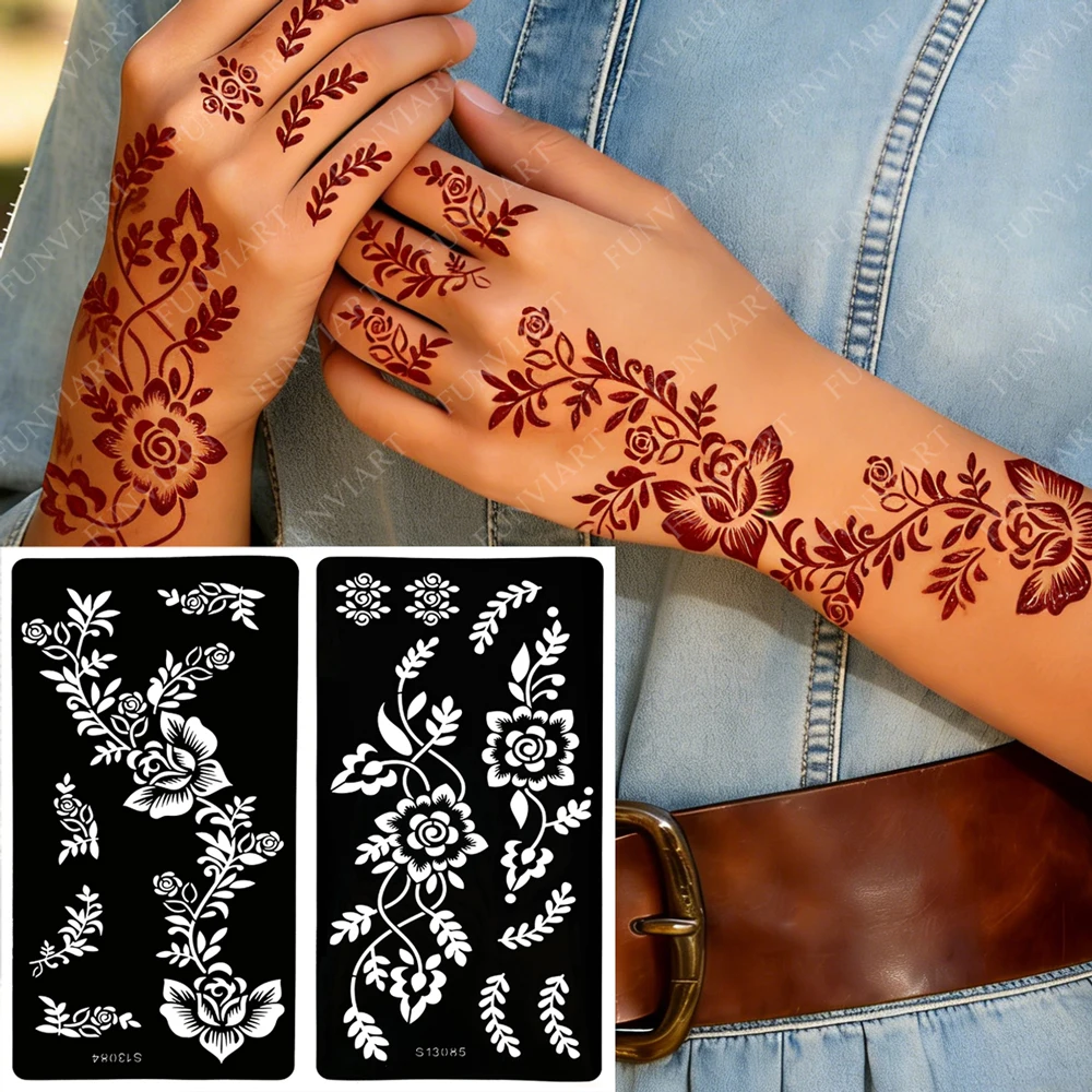 2 листа трафареты для татуировки хной, цветочный трафарет для татуировки для рук, дизайн Менди, шаблон татуировки для свадебного фестиваля, покраска тела
2 листа трафареты для татуировки хной, цветочный трафарет для татуировки для рук, дизайн Менди, шаблон татуировки для свадебного фестиваля, покраска тела