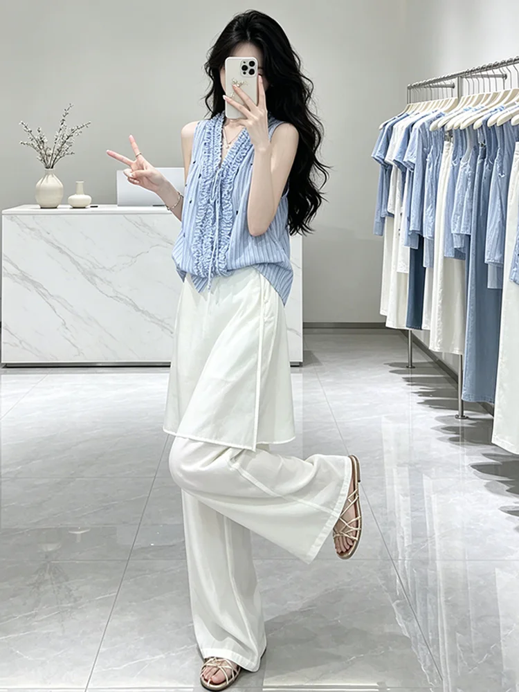 Summer New Style Women's Fashion Set with Lace Trim Stripe Sleeveless Shirt And Wide Leg Pants High Waist Casual Breathable
Summer New Style Women's Fashion Set with Lace Trim Stripe Sleeveless Shirt And Wide Leg Pants High Waist Casual Breathable