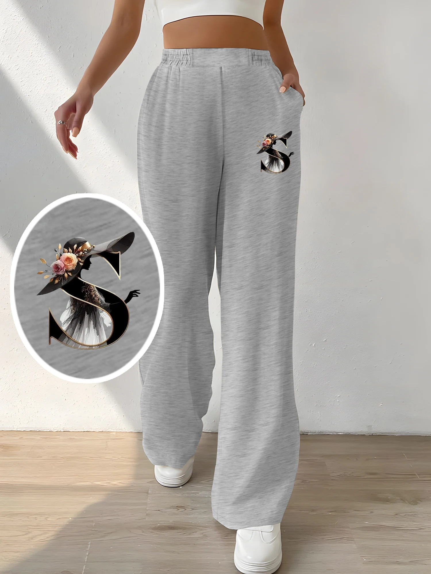 Women's Letter S Art Portrait Print High Waist Wide Leg Sweatpants, Casual Elastic Waist Gray Streetwear Trousers
Women's Letter S Art Portrait Print High Waist Wide Leg Sweatpants, Casual Elastic Waist Gray Streetwear Trousers