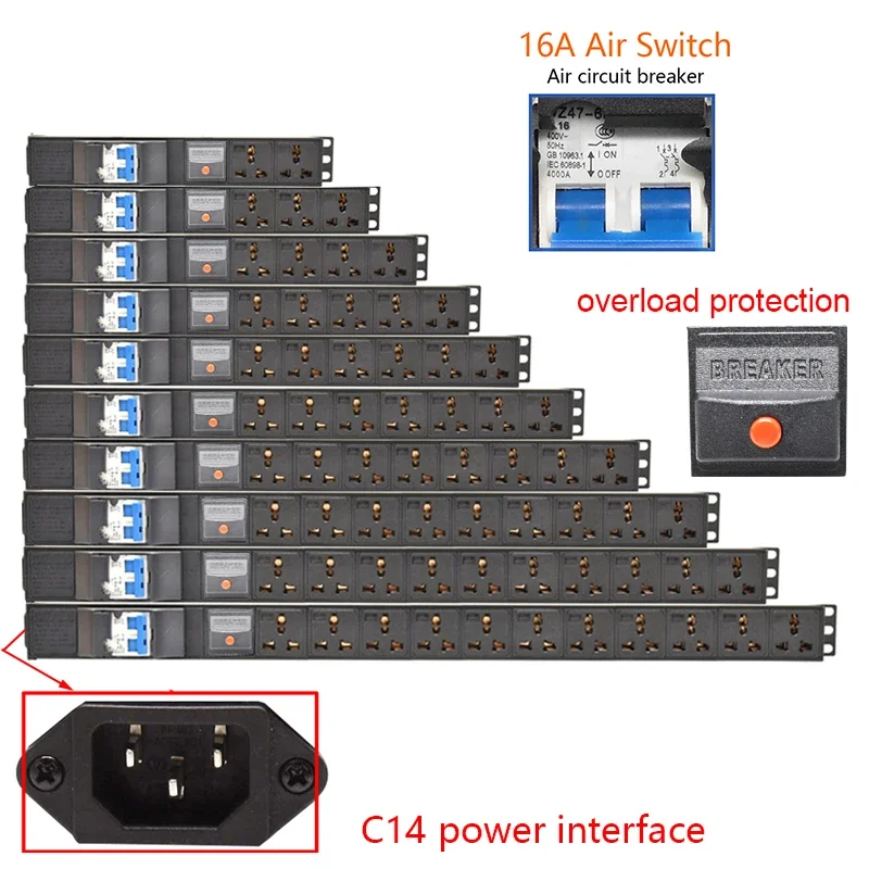 Cabinet Mount PDU Power Strip 16A Air Switch overload protection 2-10 Ways Universal Socket Without Wire C14 interface
Cabinet Mount PDU Power Strip 16A Air Switch overload protection 2-10 Ways Universal Socket Without Wire C14 interface