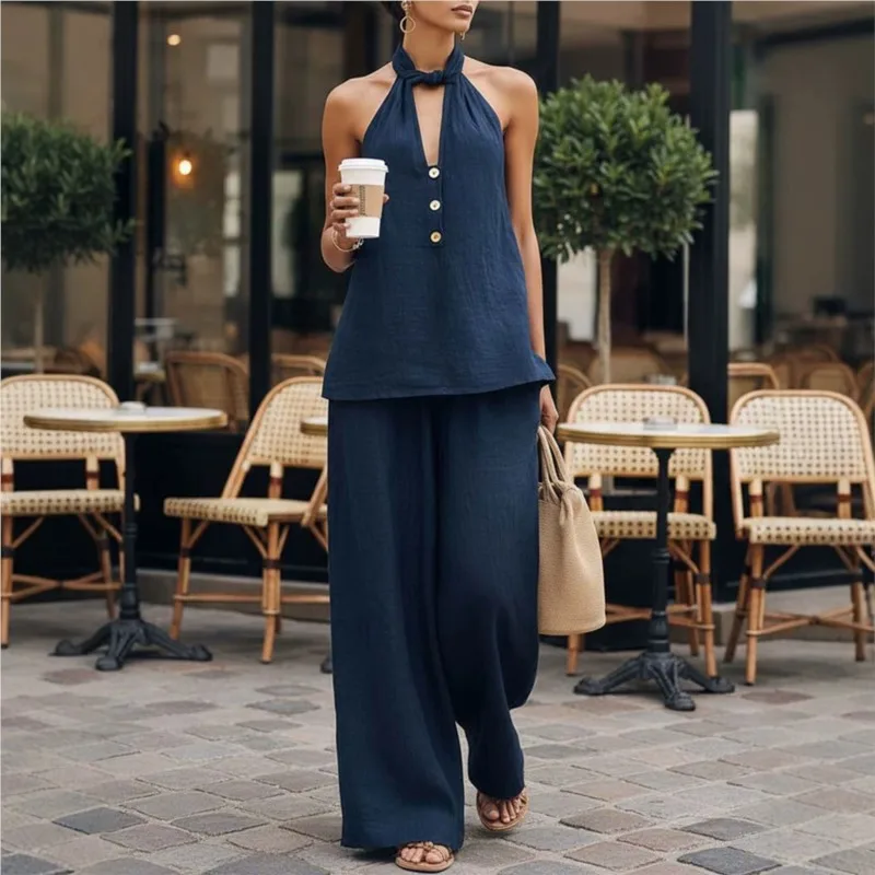 Women's Summer Fashion Two-piece Set New Casual Sleeveless Deep V-neck Halter Top Wide-leg Trousers 2-piece Sets Women Clothing
Women's Summer Fashion Two-piece Set New Casual Sleeveless Deep V-neck Halter Top Wide-leg Trousers 2-piece Sets Women Clothing
