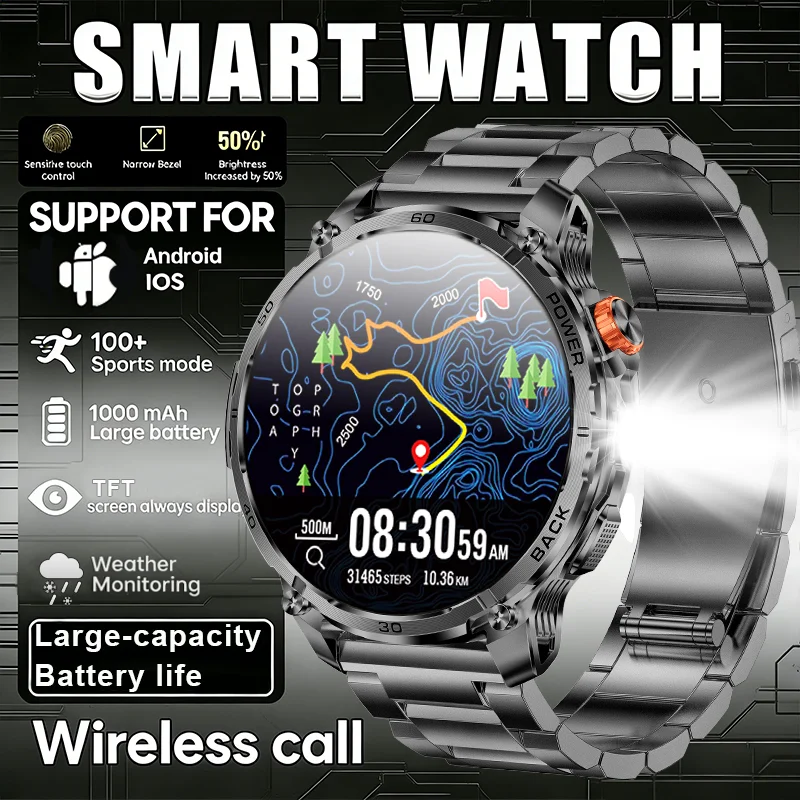 2026 New Bluetooth Call Smart Watch Men Full Touch Screen Health Monitor Clock With Flashlight Men SmartWatch For ios/ Android