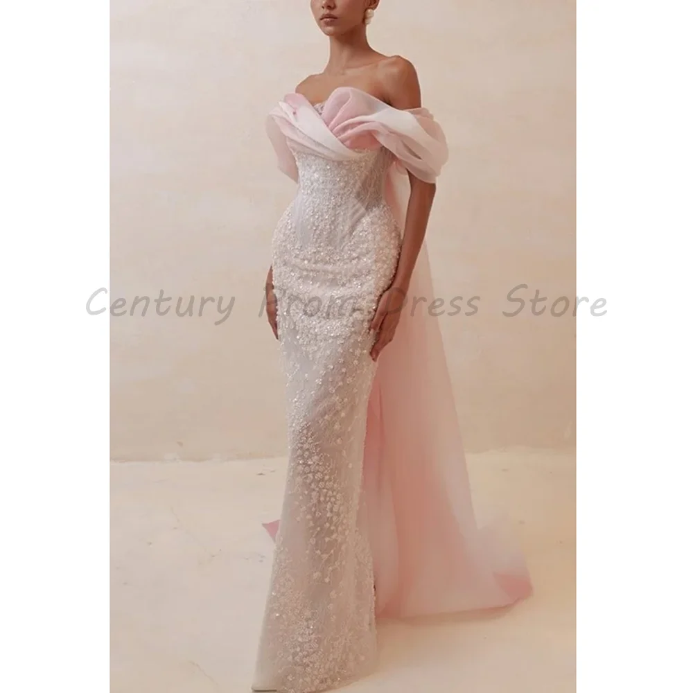Pink Off The Shoulder Evening Wedding Dress Luxury Beaded Lace Appliqué Organza Overskirt Formal Bridal Gown
Pink Off The Shoulder Evening Wedding Dress Luxury Beaded Lace Appliqué Organza Overskirt Formal Bridal Gown