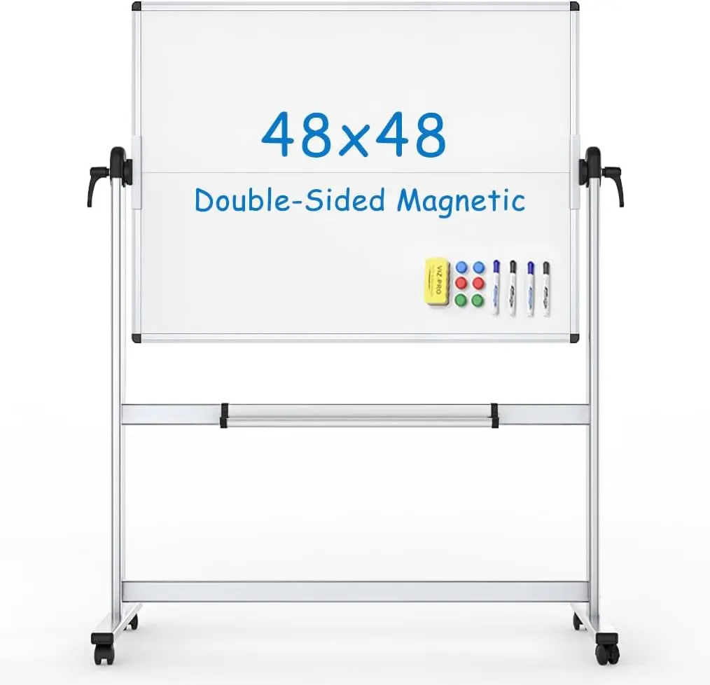 Double-Sided Mobile Whiteboard 48x48 Inches, Magnetic Rolling Dry Erase Board on Wheels with Aluminium Frame, 360° Rotation,
Double-Sided Mobile Whiteboard 48x48 Inches, Magnetic Rolling Dry Erase Board on Wheels with Aluminium Frame, 360° Rotation,