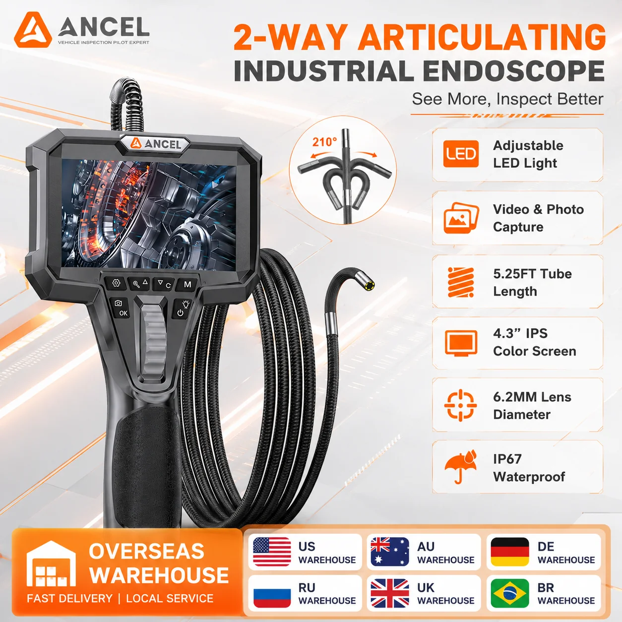 ANCEL AN301 HD1080P Endoscope Camera IP67 Waterproof 4.3 inch 6.2mm Lens Pipe 7 LED Lights Car Camera Borescope Inspection Tools
ANCEL AN301 HD1080P Endoscope Camera IP67 Waterproof 4.3 inch 6.2mm Lens Pipe 7 LED Lights Car Camera Borescope Inspection Tools