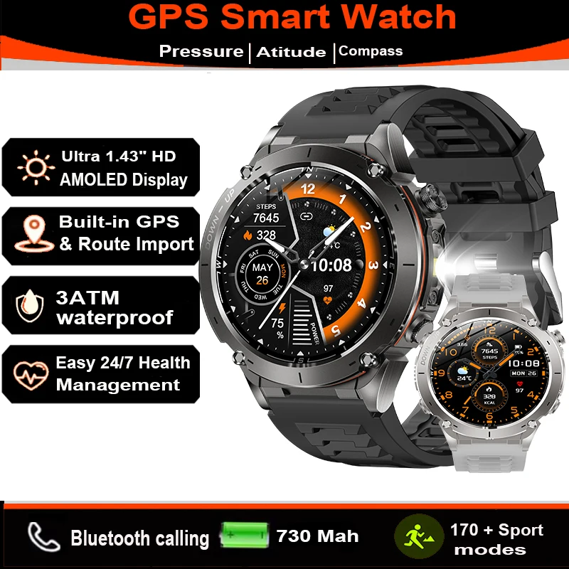 Водонепроницаемые GPS-смарт-часы 3ATM, 1,43 дюйма, HD AMOLED-дисплей, встроенный GPS, Bluetooth, телефонные звонки, спортивный компас, умные часы для мужчин
Водонепроницаемые GPS-смарт-часы 3ATM, 1,43 дюйма, HD AMOLED-дисплей, встроенный GPS, Bluetooth, телефонные звонки, спортивный компас, умные часы для мужчин