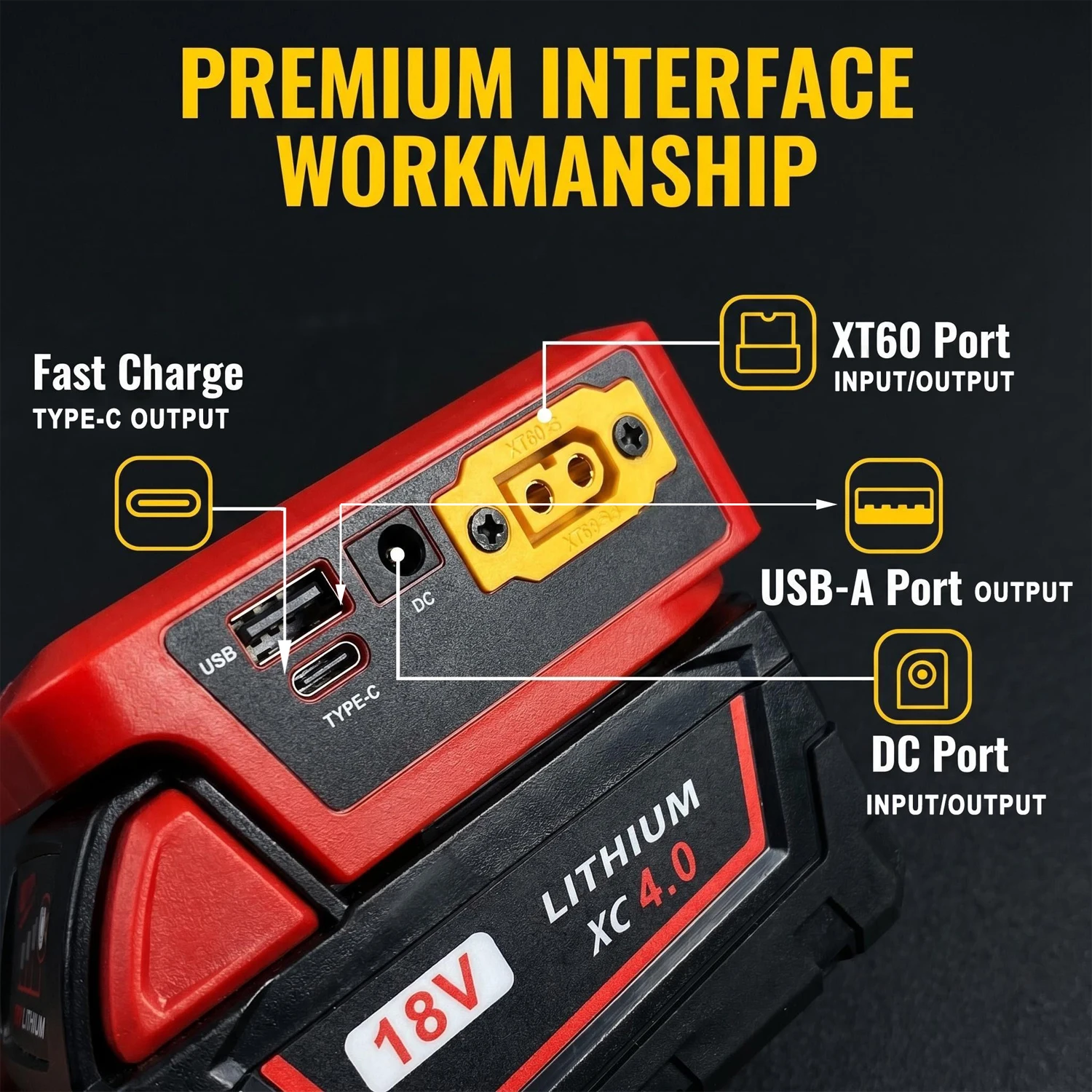 Multi-Functional Power Bank Charger For Milwaukee 18V Li-ion Battery Tool Accessory With DC, XT60, USB, Type-C Charging Ports
Multi-Functional Power Bank Charger For Milwaukee 18V Li-ion Battery Tool Accessory With DC, XT60, USB, Type-C Charging Ports