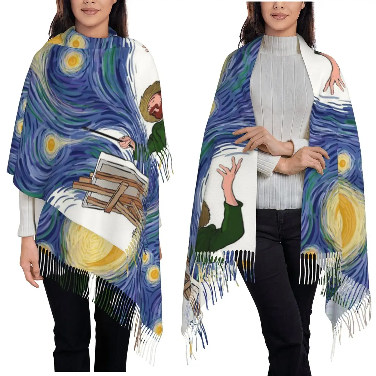 Винсент Ван Гог Звездная ночь Звезда Знаменитая картина маслом Шарф с кисточками Шарфы Женские шали и накидки Длинная осенне-зимняя шаль