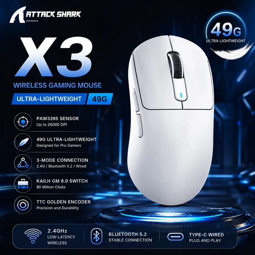 ATTACK SHARK X3/X3Pro Wireless Gaming Mouse | PAW3395 Sensor, 26K DPI, Tri-Mode (2.4G/BT/Wired), Ultra-Lightweight
ATTACK SHARK X3/X3Pro Wireless Gaming Mouse | PAW3395 Sensor, 26K DPI, Tri-Mode (2.4G/BT/Wired), Ultra-Lightweight