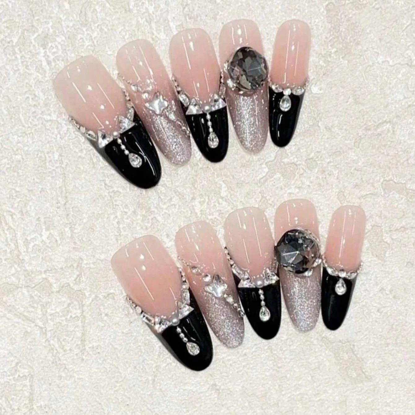 10pcs Long Coffin Nude Black French Star Rhinestone Press On Nails, Gift For Women, DIY Nail Art, Fake Nails, Handmade Nail Set
10pcs Long Coffin Nude Black French Star Rhinestone Press On Nails, Gift For Women, DIY Nail Art, Fake Nails, Handmade Nail Set