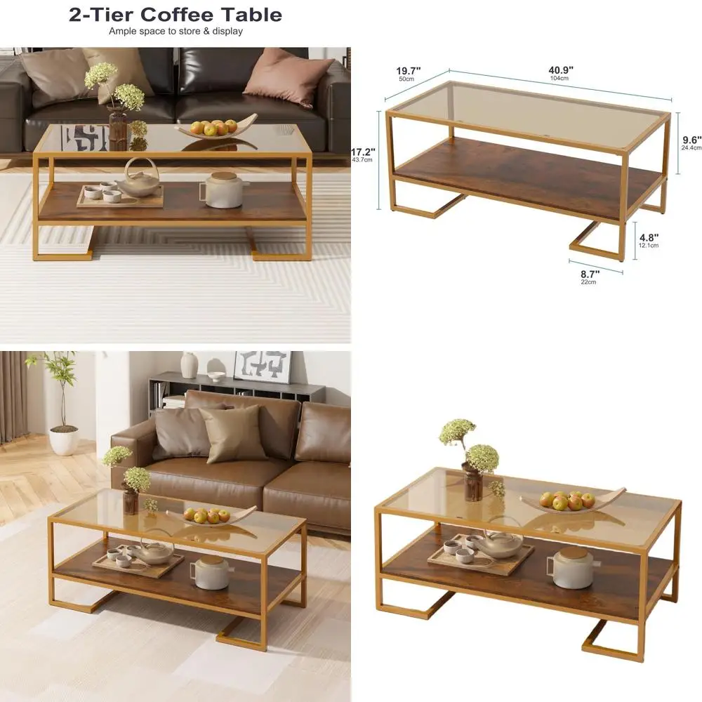 Two-Tier Tempered Glass Coffee Table with Metal Frame and Open Storage Shelf for Living Room or Office, Brown
Two-Tier Tempered Glass Coffee Table with Metal Frame and Open Storage Shelf for Living Room or Office, Brown