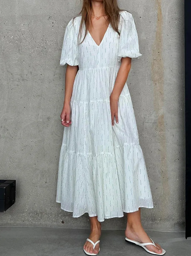 Vintage Women's Cotton Dress V Neck Elegant White Floral Print Dress Midi Long Puff Sleeve Casual Summer Dresses for Women
Vintage Women's Cotton Dress V Neck Elegant White Floral Print Dress Midi Long Puff Sleeve Casual Summer Dresses for Women