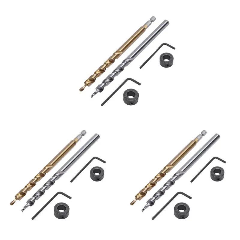 A98E-6Pcs 1/4 Inch Hex Shank Pocket Hole Drill Bit + 3/8(9.5Mm)Replacement Twist Step Drill Bit With Depth Stop Collar
A98E-6Pcs 1/4 Inch Hex Shank Pocket Hole Drill Bit + 3/8(9.5Mm)Replacement Twist Step Drill Bit With Depth Stop Collar